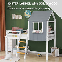 Load image into Gallery viewer, WEALTHGIRL Wooden Bed, Cabin Loft Bed Frame, Pine Wood Frame, Mid-Sleeper with Treehouse Canopy &amp; Ladder, Central Ladder, Shaped with Space-Saving Design for Bedroom Home
