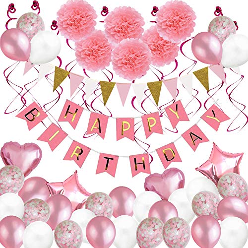 Birthday Decorations, 79 pcs Balloons Party Decoration for Girls & Boys Women with Pink Happy Birthday Banner Tissue Paper Flowers Hanging Swirls for Birthday Party Supplies