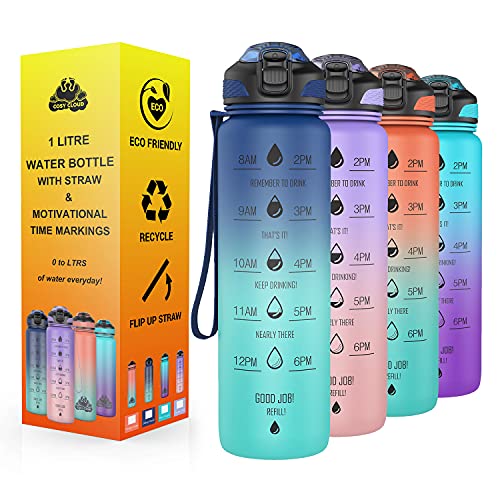 1L Water Bottle 1 litre Drinks Bottles with straw and Motivational Time Markings;1ltr Large Sports Gym Leakproof Reusable Bpa Free Drinking Bottle; 1litre Daily Intake Tracker Measurements Men Women