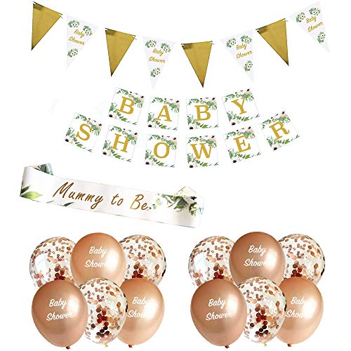 Baby Shower Unisex 20pcs Decoration Bundle (Rose Gold) - Neutral Gender Reveal Banner Garland, Bunting, Confetti, Latex Balloons And Sash For Mum To Be - Floral Decor For Girls And Boys