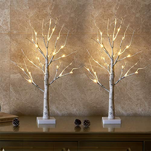 Eambrite Set of 2 Small Birch Twig Tree Lights Photo Display Tree with 24 Warm White LEDs Battery Operated Tabletop Decoration for Xmas Home Party Wedding (60cm/2ft)