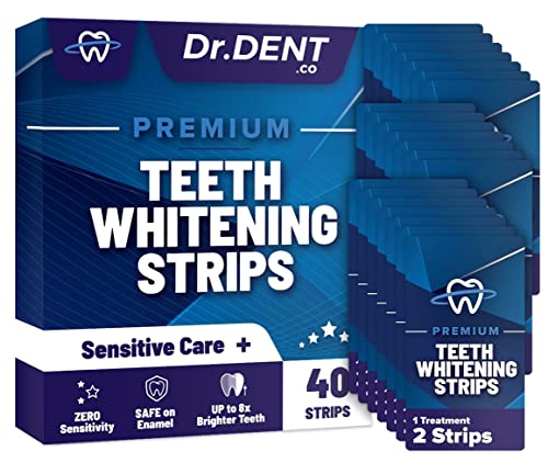 DrDent Premium Teeth Whitening Strips - 20 Whitening Sessions - Non-Sensitive Formula - 40 Peroxide Free Whitening Strips - Safe for Enamel + Mouth Opener Included