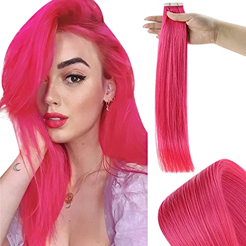 RUNATURE Pink Tape in Hair Extension Human Hair Colored Tape Hair Exte