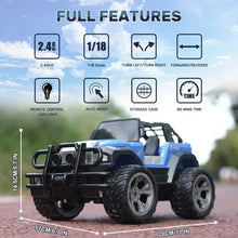 Load image into Gallery viewer, DEERC Remote Control Car RC Racing Cars,1:18 Scale 80 Min Play 2.4Ghz LED Light Auto Mode Off Road RC Trucks with Storage Case,All Terrain SUV Jeep Cars Toys Gifts for Boys Kids Girls Teens,Blue
