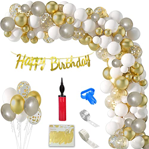 AROMISE Gold Balloon Arch Garland Kit l Happy Birthday Banner l Balloon Pump-106PCS l Silver White Gold & Confetti Balloons for Birthday Party Decoration l Baby Shower l Valentines