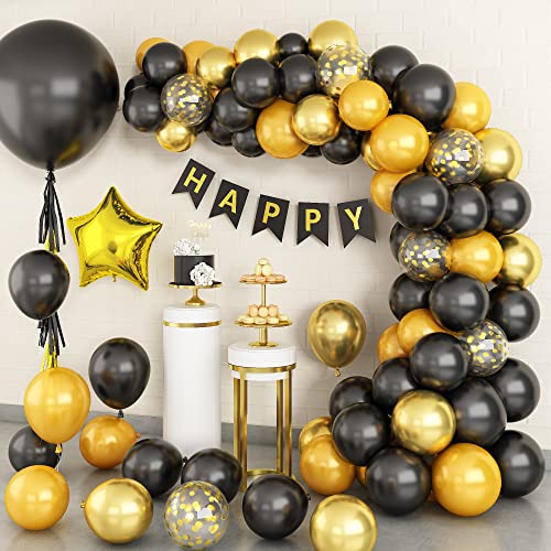 Black Gold Balloon Arch Kit, Balloon Garland Kit with 36 inch Giant Latex Balloon Star Foil Balloons, Black Gold Birthday Party Decorations with Tassel for Ramadan Graduation Wedding New Year
