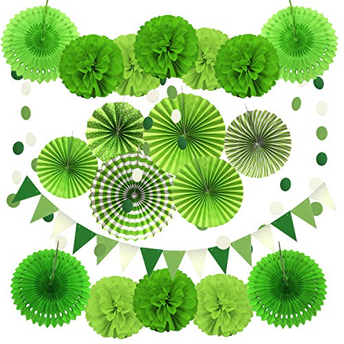 Zerodeco Party Decoration, 21 Pcs Green Hanging Paper Fans, Pom Poms Flowers, Garlands String Polka Dot and Triangle Bunting Flags for Golf Party Dinosaur Birthday Parties Arbor Day