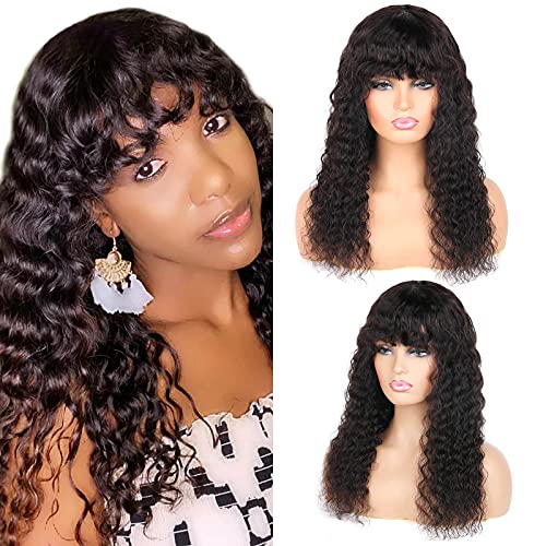 Human Hair Wigs with Bangs Deep Wave None Lace Front Wigs Brazilian Human Hair Deep Curly Full Machine Made Wig with Bangs for Black Women(20