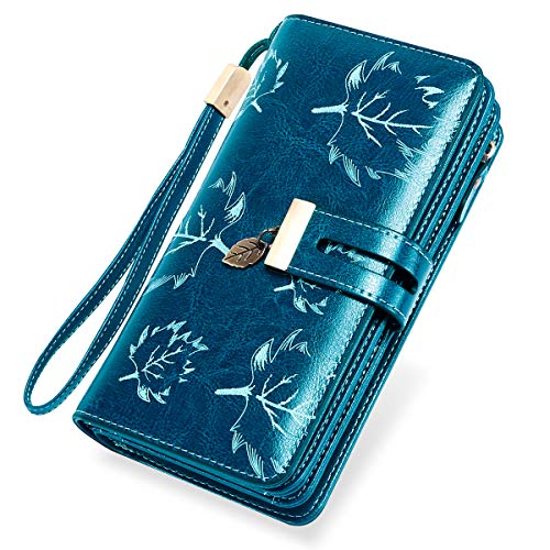 LUROON Ladies Leather Purse RFID Blocking Women Purses Large Capacity Card Wallet Ladies with 24 Credit Card Slots,Clutch Long Wallet with Zipper Pocket & Wrist Strap (Blue)