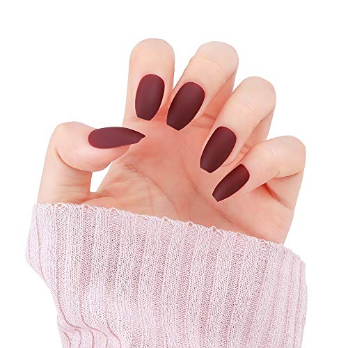 LIARTY False Nails 24 Pcs 12 Sizes Solid Matte Coffin Full Cover Fake Nails Wine Red