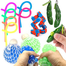 Load image into Gallery viewer, Fidget Sensory Toys for for Autism, ADHD. 2 Stress Relief Balls, 2 Soybean Squeeze, 2 Flippy Chain and 3 Large Size Stretch Strings with Reusable Packaging (Premuim Quality)
