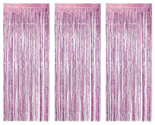 AILEXI 3 Pack Metallic Tinsel Curtains Foil Fringe Shimmer Streamers Curtain Door Window Decoration for Birthday Wedding Party Supplies 3ft*8ft - Pink