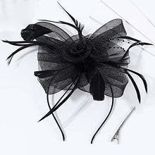 Load image into Gallery viewer, Fashband Fascinator Hat Flower Mesh Feather Headband with Hair Clip Black Cocktail Headwear Bridal Wedding Hair Accessories for Women and Girls
