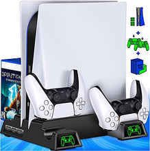 Load image into Gallery viewer, PS5 Cooling Stand for Playstation 5 Console, PS5 Vertical Stand and Dual Controller Chargers, PS5 Accessories Holder with 13 Game Storage for PS5 Console/ PS5 Digital Edition/Ultra HD
