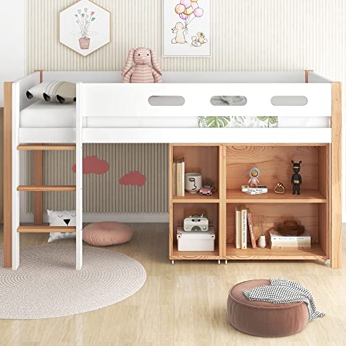 3 FT Children Single Bed Loft Bed, Kids Storage Bed with Movable Cabinet, Children Bed with Solid Pine Wood, Ideal for Any Bedroom, 90 x 190 cm, White, 2021 New【UK Fast Delivery】