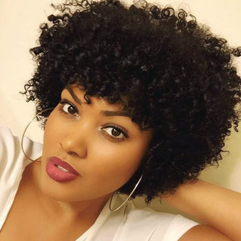 PORSMEER Human Hair Afro Wigs for Black Women Short Kinky Curly Bob Wigs 150% Density 100% Brazilian Real Hair Natural Black (1B)