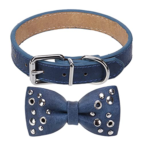 Leather Dog Collar with Bowtie Rivet - Adjustable PU Leather Pet Collars and Bow Tie with Studded Rivet for Small Medium Dogs