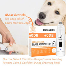 Load image into Gallery viewer, Dog Nail Grinder | Low Noise &amp; Vibration 2 Speed Electric Nail Grinder For Dogs | Full Control &amp; Safe Nail Trimming 2021 Version | Dog Nail Trimmer Includes USB Charger + X3 Rechargeable Batteries
