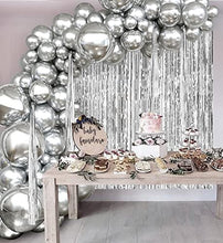 Load image into Gallery viewer, Silver Balloon Party Decoration Silver Metallic Balloons Garland Arch Kit Silver Foil Balloon Tassel Foil Curtain Photo Background for Women Birthday Party Anniversary Wedding Decoration Supplies
