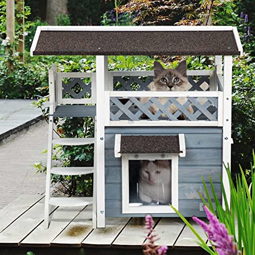 Petsfit Cat Houses for Outside Waterproof Cat Outdoor House with Balcony and Stair, Large Cat Shelter (Grey)