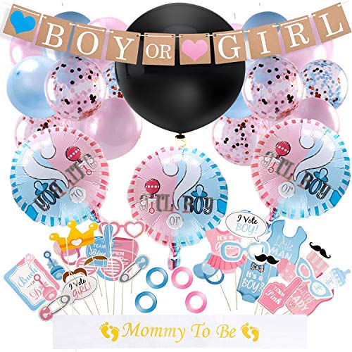 CNNIK 52 Pcs Baby Gender Reveal Party Supplies with Gender Reveal Balloon, Mommy To Be Sash, Confetti Balloons, Boy or Girl Banner for Baby Shower Birthday Party