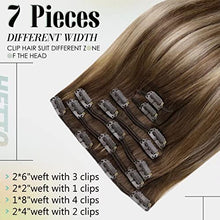 Load image into Gallery viewer, Hetto Clip in Hair Extensions Brown Human Hair Balayage 100% Real Clip on Human Hair Extensions Dark Brown to Caramel Blonde Clip on Extensions Thick Ends #4/27/4 100g 16Inch
