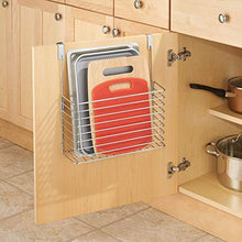 Load image into Gallery viewer, mDesign Over The Cabinet Hanging Storage Basket - Steel Bakeware Organiser and Cutting Board Holder - Excellent Kitchen Storage Solution - Chrome
