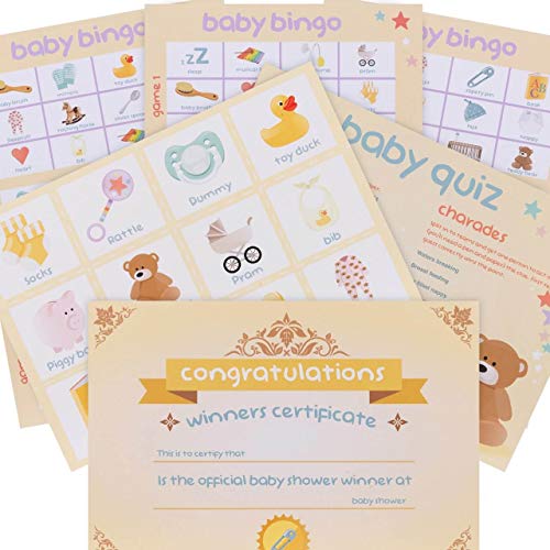 Baby Shower Games. 4 Games Party Pack: Bingo, Charades, Quiz, Trivia + Winners Certificate. Party supplies for 20 people.