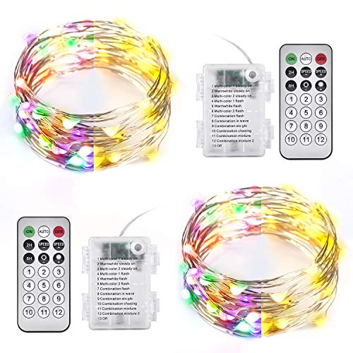 2 Packs Fairy Lights Battery Powered, 5M 50 Led Silver Wire Warm White & Multi-Colour Battery Operated Twinkle String Lights with Timer Remote Control for Outdoor, Christmas, Wedding, Indoor, Bedroom