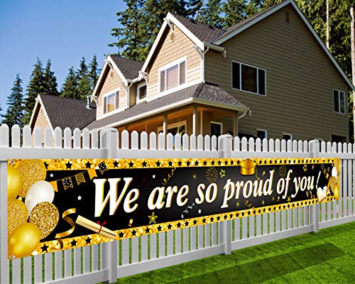 HOWAF Long We Are So Proud Of You Fabric Banner for Graduation Party Decoration Black and Gold, Graduation Banner Decoration Graduation Commencement Decoration of Table Wall Room Indoor Outdoor
