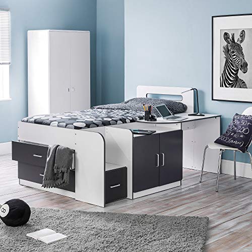 Mid Sleeper with Storage, Happy Beds Cookie White Charcoal Grey Multicolour Wood Modern Cabin Bed - 3ft Single (90 x 190 cm) Frame Only