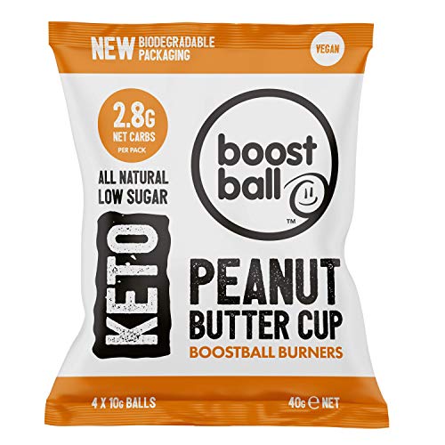 Boostballs, Burners Keto Snacks Low Carb Vegan Low Sugar Gluten Free Source of Fibre 100 Natural Flavour, Peanut Butter Cup Bites, 40g (Pack of 12)