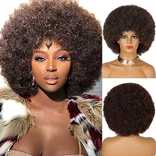 70s Afro Wigs for Black Women,Short Afro Kinky Curly Wig,Dark Brown Women Full Afro Kinky Wigs for Women