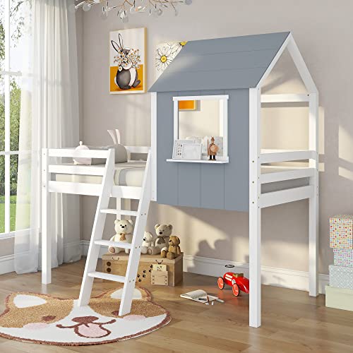 Childrens Cabin Loft Bed Frame, Pine Wood Frame, Mid-Sleeper with Treehouse Canopy & Ladder, Central Ladder, Suitable for Children Boys Girls, No Matress, Gray【UK Fast Shippment】