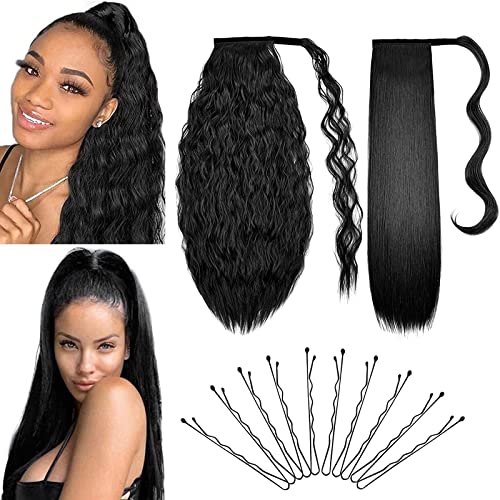 2Pack Long Ponytail Extension 22 Inch Wrap Around Straight Ponytail Magic Black Corn Wave Curly Ponytail Hairpiece for Women (1B#, Straight+Corn Wave)
