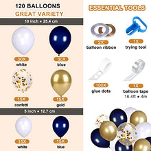 Load image into Gallery viewer, Balloon Arch Kit, Navy Blue Balloon Garland Kit,120 Pack Latex Balloon Arches Blue Gold White Confetti with Balloon Accessories for Birthday Decorations Baby Shower Wedding Gender Reveal
