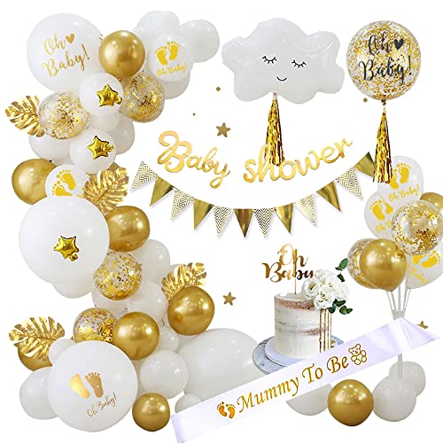 Baby Shower Decorations Boy or Girls, White and Gold Baby Shower Decorations with Mummy to be Sash, Baby Shower Banner, Printed Balloons and Oh Baby Cake Topper, Gold Gender Reveal Decorations