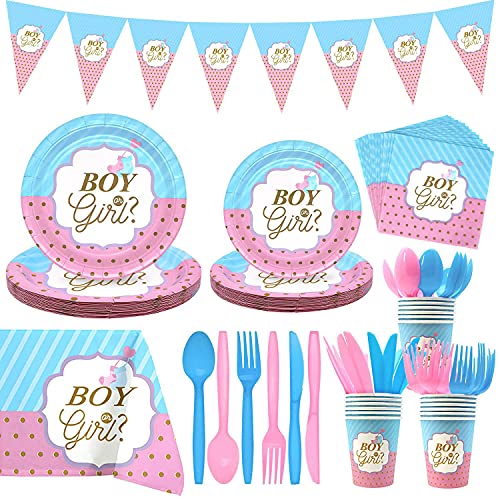 Heboland Gender Reveal Party Supplies Tableware Set, 16 Guests Boy or Girl Plates Napkins Tablecloth Cups Knives Forks Spoons Banner Decorations