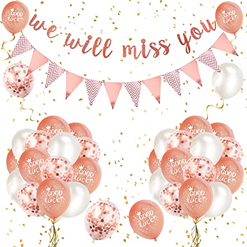 We Will Miss You Decorations Rose Gold Good Luck Balloons Party Decorations with Rose Gold Triangle Flag Banner Confetti Balloon for Retirement Graduation Leaving Party Going Away Farewell Decorations