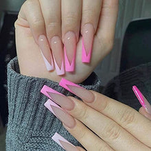 Load image into Gallery viewer, Long Press On Nails, Pink French Fake Nails Coffin False Nails with Glue Stickers Acrylic Full Cover Tips for Women and Girls 24 PCS No Glue Included
