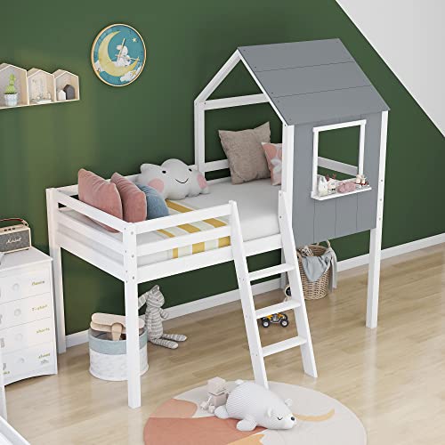 WEALTHGIRL Wooden Bed, Cabin Loft Bed Frame, Pine Wood Frame, Mid-Sleeper with Treehouse Canopy & Ladder, Central Ladder, Shaped with Space-Saving Design for Bedroom Home