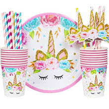Load image into Gallery viewer, 16 Guests Unicorn Party Supplies Unicorn Party Plates Cups and Napkins Table Cloth Balloons Banner Headband Unicorn Paper Plates Straws Pink Unicorn Birthday Party Decorations for Girls
