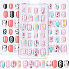 Load image into Gallery viewer, 72 Pieces Kids Stick On Nails False Nails Fake Nails Kit ress on Artificial Nail Tip Girl Fingernail Full Cover Short for Girls Children Nail Art Decoration, 3 Boxes (Cat, Unicorn, Dolphin)
