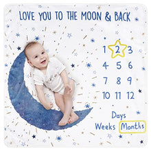 Load image into Gallery viewer, Taobeibei Milestone Mat Boy/Girl for Pictures, Baby Monthly Milestone Blanket design by UK, Track Growth &amp; Age, Soft Thick Flannel Blanket 120x120cm 300 Gram weight (Blue Moon)…
