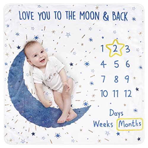 Taobeibei Milestone Mat Boy/Girl for Pictures, Baby Monthly Milestone Blanket design by UK, Track Growth & Age, Soft Thick Flannel Blanket 120x120cm 300 Gram weight (Blue Moon)…