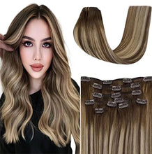 Load image into Gallery viewer, Hetto Clip in Hair Extensions Brown Human Hair Balayage 100% Real Clip on Human Hair Extensions Dark Brown to Caramel Blonde Clip on Extensions Thick Ends #4/27/4 100g 16Inch
