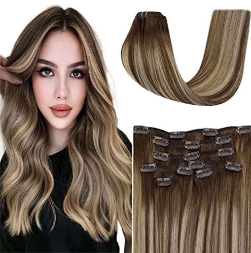 Hetto Clip in Hair Extensions Brown Human Hair Balayage 100% Real Clip on Human Hair Extensions Dark Brown to Caramel Blonde Clip on Extensions Thick Ends #4/27/4 100g 16Inch