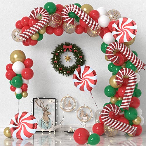 Christmas Balloon Garland Arch kit, 100 Pcs Xmas Red Green Gold Confetti Balloons with Candy Cane Balloons for Christmas New Year Party Deco Wintertime Holiday