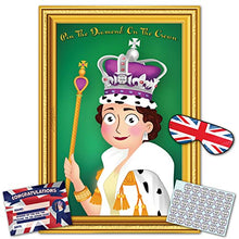 Load image into Gallery viewer, Queens Jubilee Party Game – Pin The Diamond On The Crown | 35 Player | Blindfold | Certificate | Poster | included for Queen Platinum Jubilee, Union Jack Party Supplies, Royal Party Decoration
