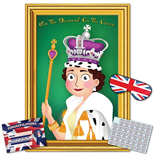 Queens Jubilee Party Game – Pin The Diamond On The Crown | 35 Player | Blindfold | Certificate | Poster | included for Queen Platinum Jubilee, Union Jack Party Supplies, Royal Party Decoration